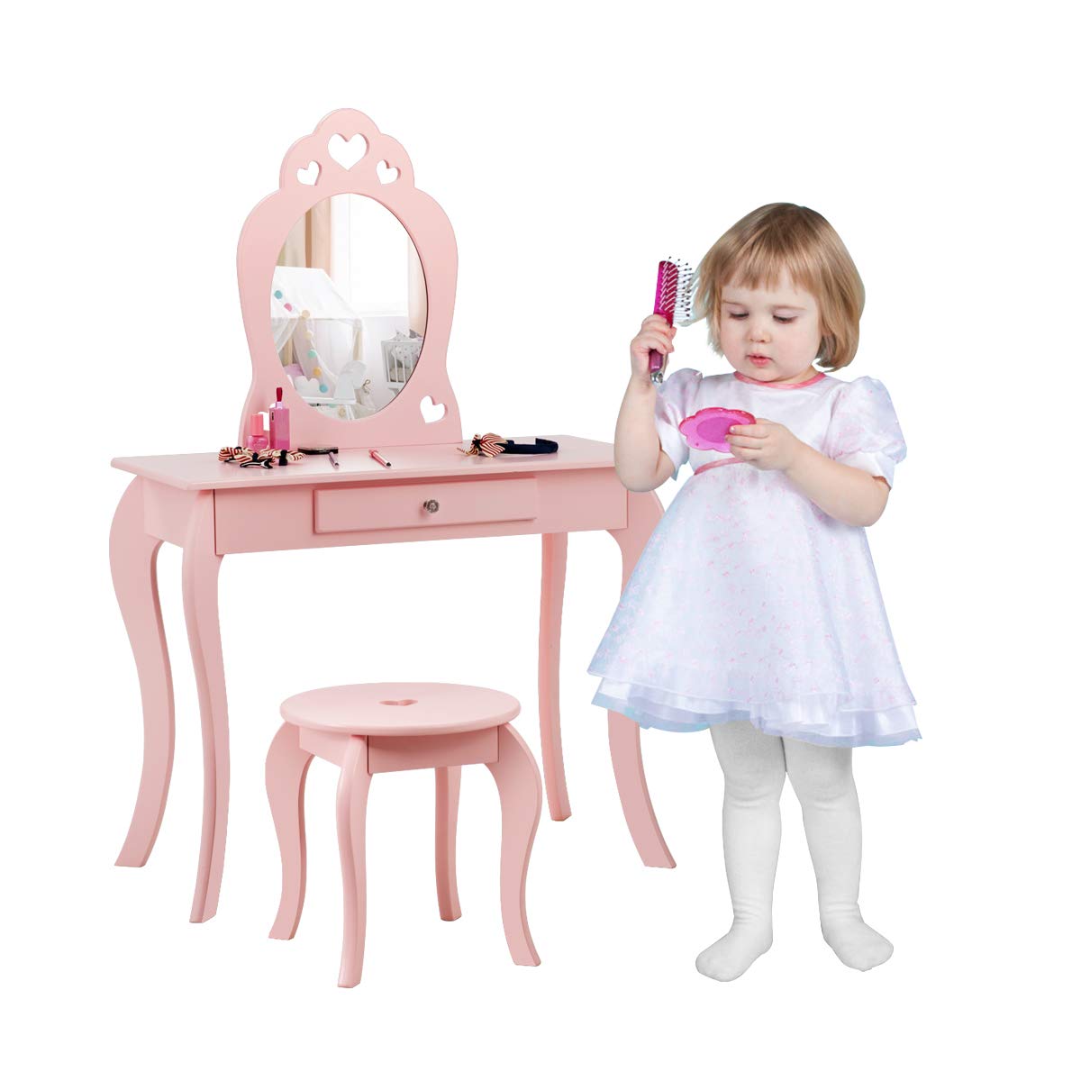 COSTWAY Kinder Schminktisch mit Hocker und Abnehmbarer Spiegel, Mädchen Frisiertisch Holz, Kindertisch mit Schublade, Spiegeltisch 70x34x105cm (Pink)