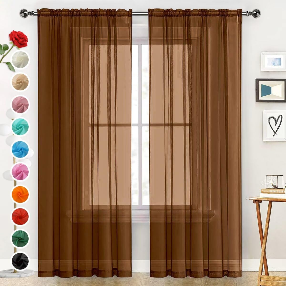 SpaceDresser Sheer Voile Window Treatment Rod Pocket Curtain Panels for Kitchen Bedroom Living Room Drapes Sunlight Filtering Privacy Semi Home Decor Assorted (Brown, 52 W x 45 L) โ image 1