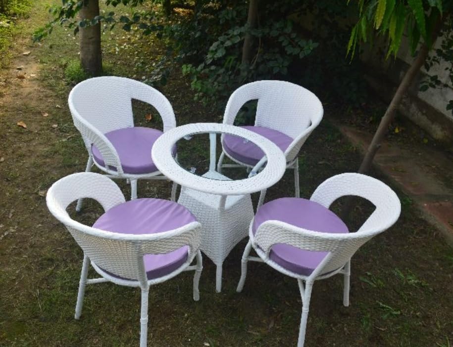 Image of India 4+1 Outdoor Indoor Patio Furniture Sets Rattan Chair Patio Set Conversation Set Bistro Set Chairs Balcony Rooftop Outdoor Garden Furniture Chair (White & Purple Cushion)