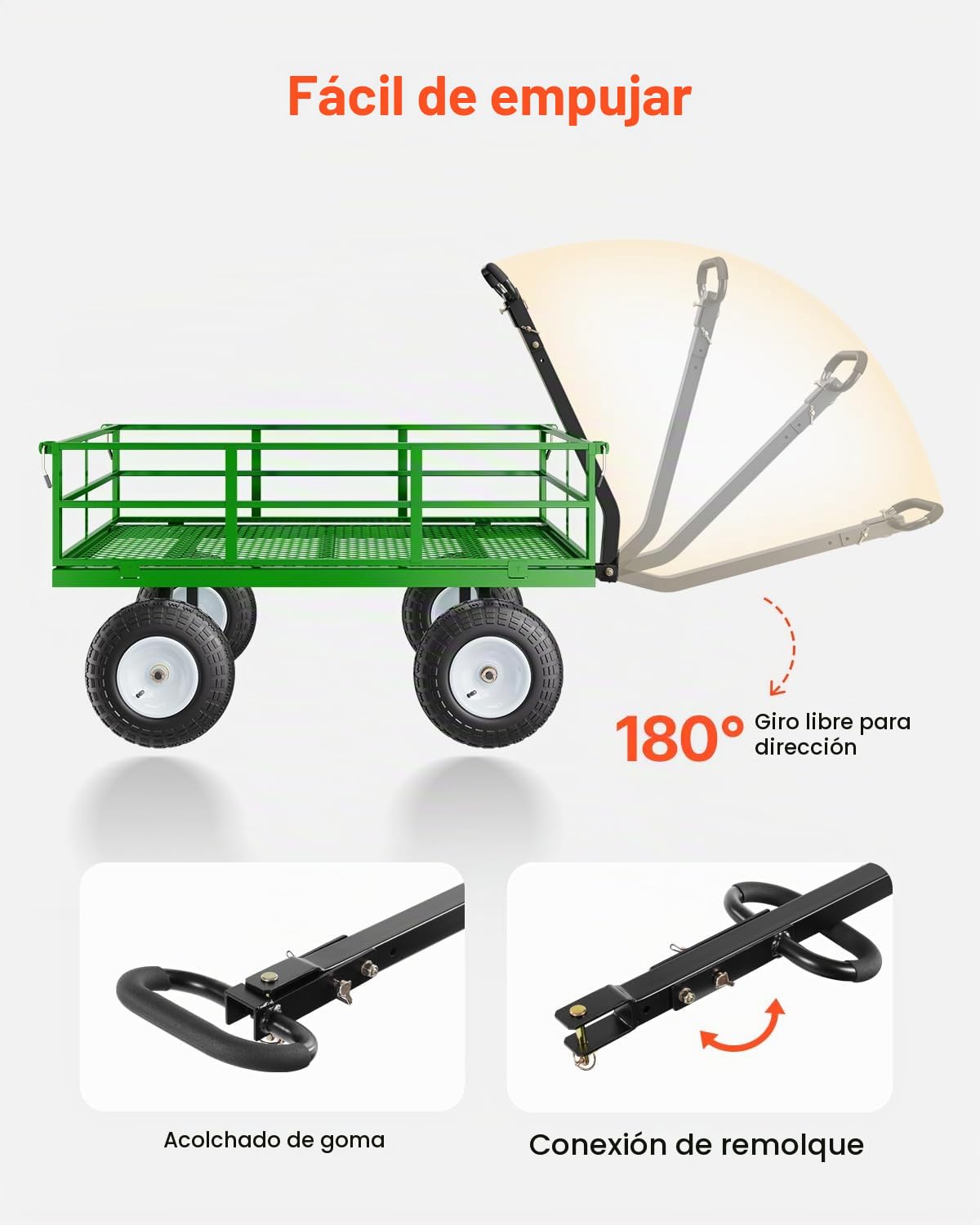 VEVOR 2 en 1 Carrito Resistente de Jardín de Acero de 2125 x 750 x 670 mm con Neumáticos Todoterreno de 13", Laterales de Malla Extraíbles y Manija Giratoria de 180°, Carga de 544,31 kg, Verde