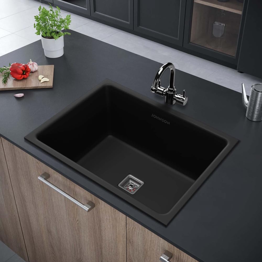 Johnson Qubix Black Quartz Kitchen Sink with Waste Coupling | 24"x 18"