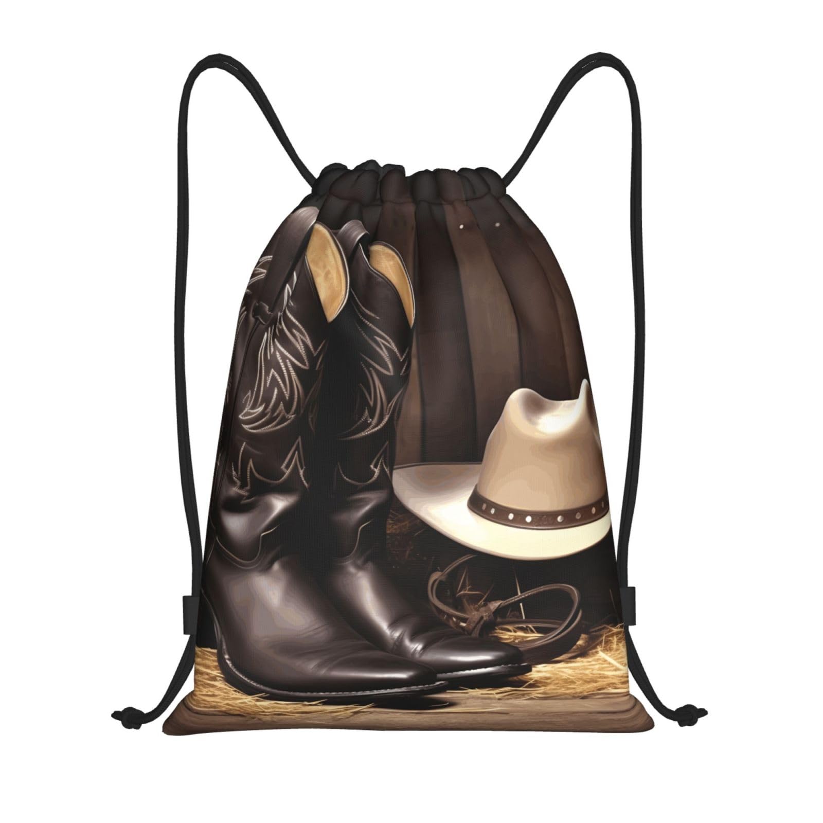 Mxdlkswpoh Unisex Black Drawstring Backpack Sports Gym Bags Draw String Bag Cowboy Hat Western Boots Drawstring Bags For Women Men Sackpack
