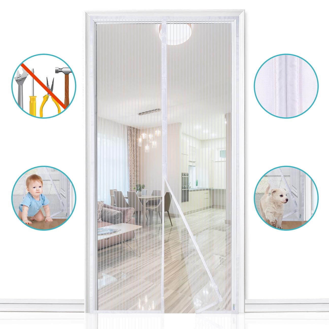 Apalus Zanzariera con Magneti per Porte, 120x240CM - Rete Fine, Tenda Totalmente Magnetica, si Chiude da Sola - Non Accorciabile (Bianco)