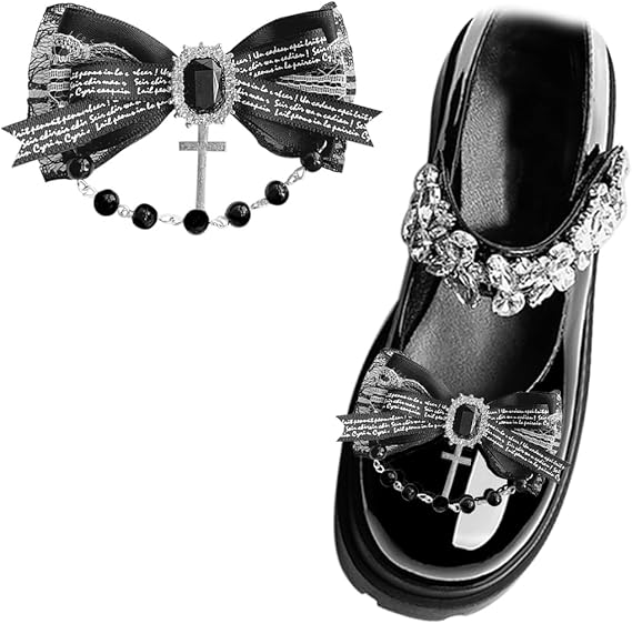 Amazon 1ペア 1足分 グレー 文字 リボン シューズクリップ 取り外し可能 黒いの宝石 シュークリップ ビーズチェーン付き エレガント シューズアクセサリー 靴アクセサリー ロリータ Jk ユニフォーム 厚底 シューズ ハイヒール 小物 スタイル1 ジュエリー 通販