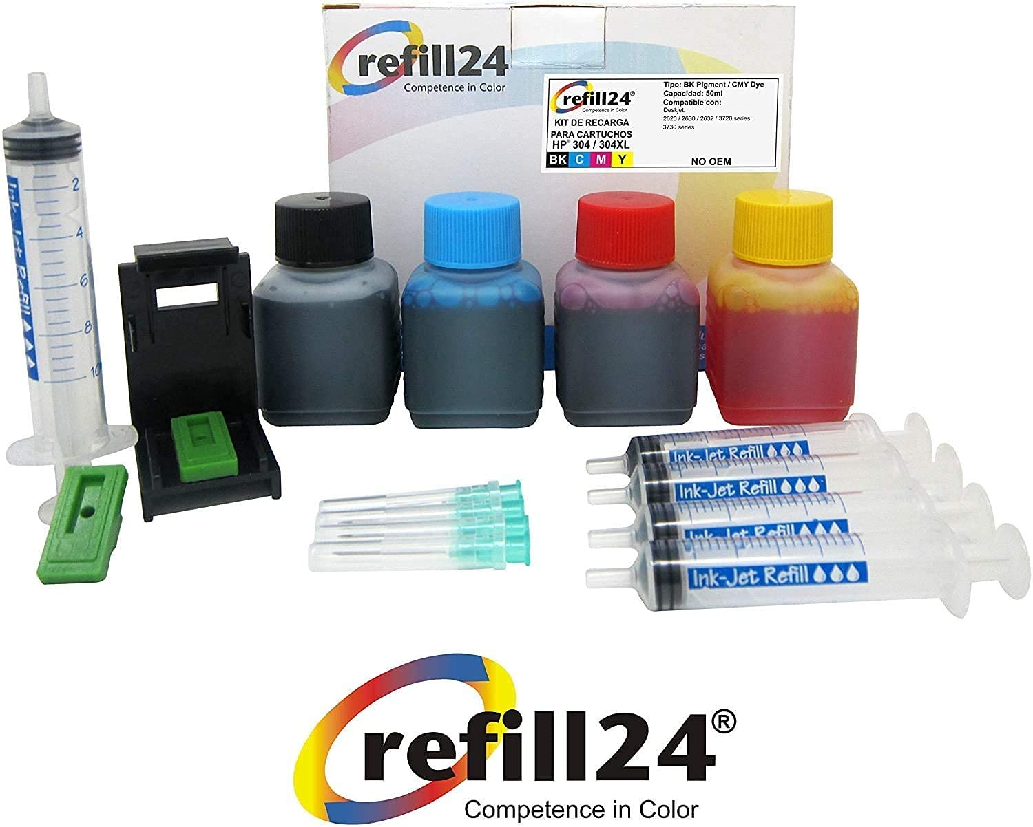 Kit Recharge Encre Refill24 Pour Cartouches HP 304/304 XL - Noir Et Couleur - 4 Flacons 50ml + Clip