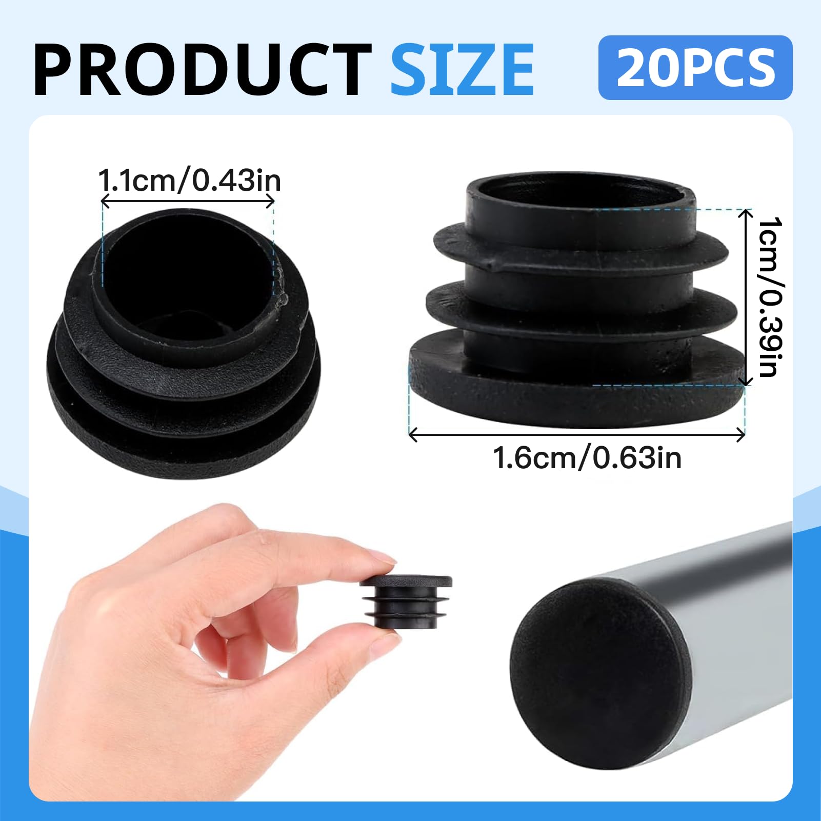 20 sztuk okrągłych zaślepek 16/22/25/30/40/50 mm do rur o średnicy zewnętrznej 16 mm, plastikowe nasadki do rur średnica 16 mm, okrągłe nakładki na krzesła