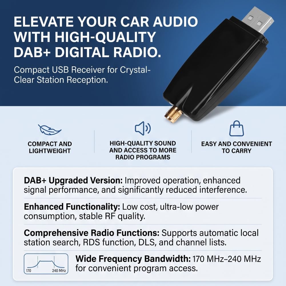 Odbiornik DAB +, cyfrowy tuner radiowy ASHATA USB 2.0 Tuner antenowy DAB + box, przenośny odbiornik DAB + z anteną SMA do cyfrowej transmisji audio/radia samochodowego