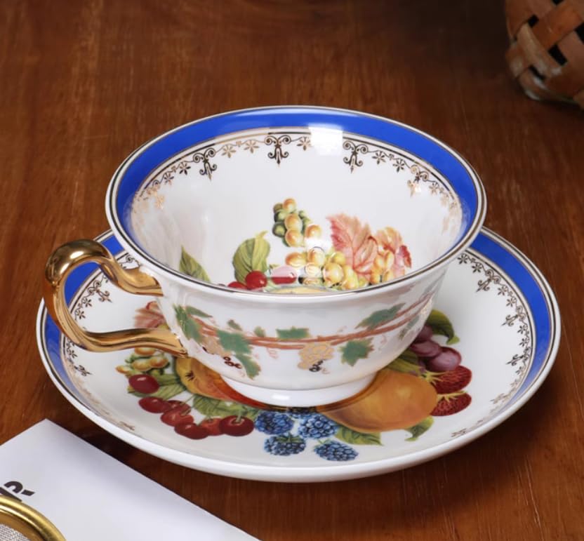 Set di tazze e piattini da caffè e tè in ceramica set di tazze da caffè e piattini in ceramica con frutta blu piatto per tazza da latte e succo regalo di compleanno per ufficio e casa