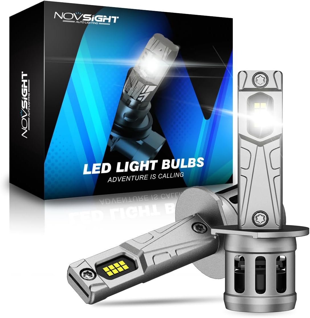NOVSIGHT H1 LED Headlight Bulb - 90W 30000LM Headlight Bulb, 6500K White 12V Light H1 LED with Fan, Plug and Play, IP68 Waterproof, Pack of 2