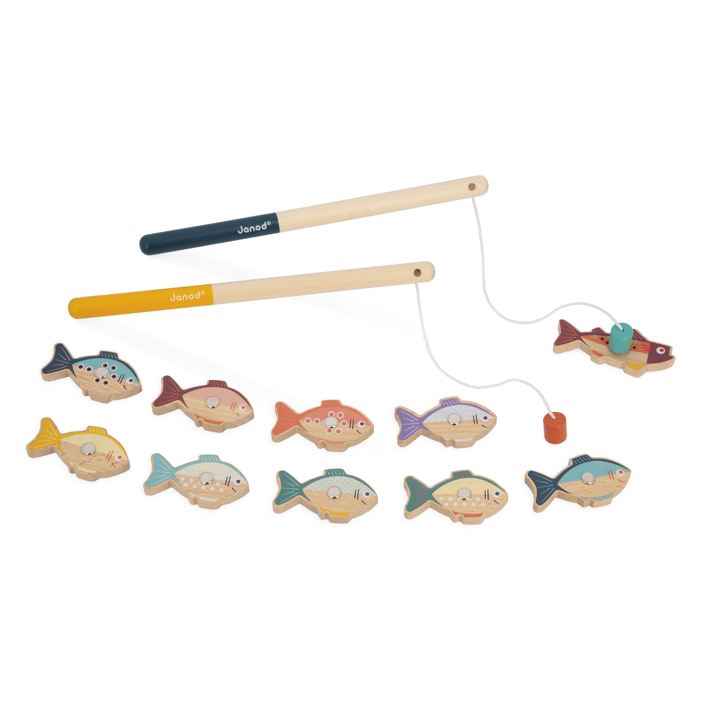 Janod - Gioco di Pesca con Canna da Pesca in Legno - 2 canne da Pesca + 10 Pesci - 1 o 2 Giocatori - Giocattolo educativo in Legno - dai 2 Anni