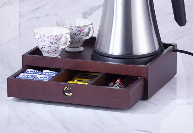 VINN DUNN Cornwall Mahogany Wood Teabag organiser / Welcome Tray With Drawer /Teabag Tidy / Kettle Tray