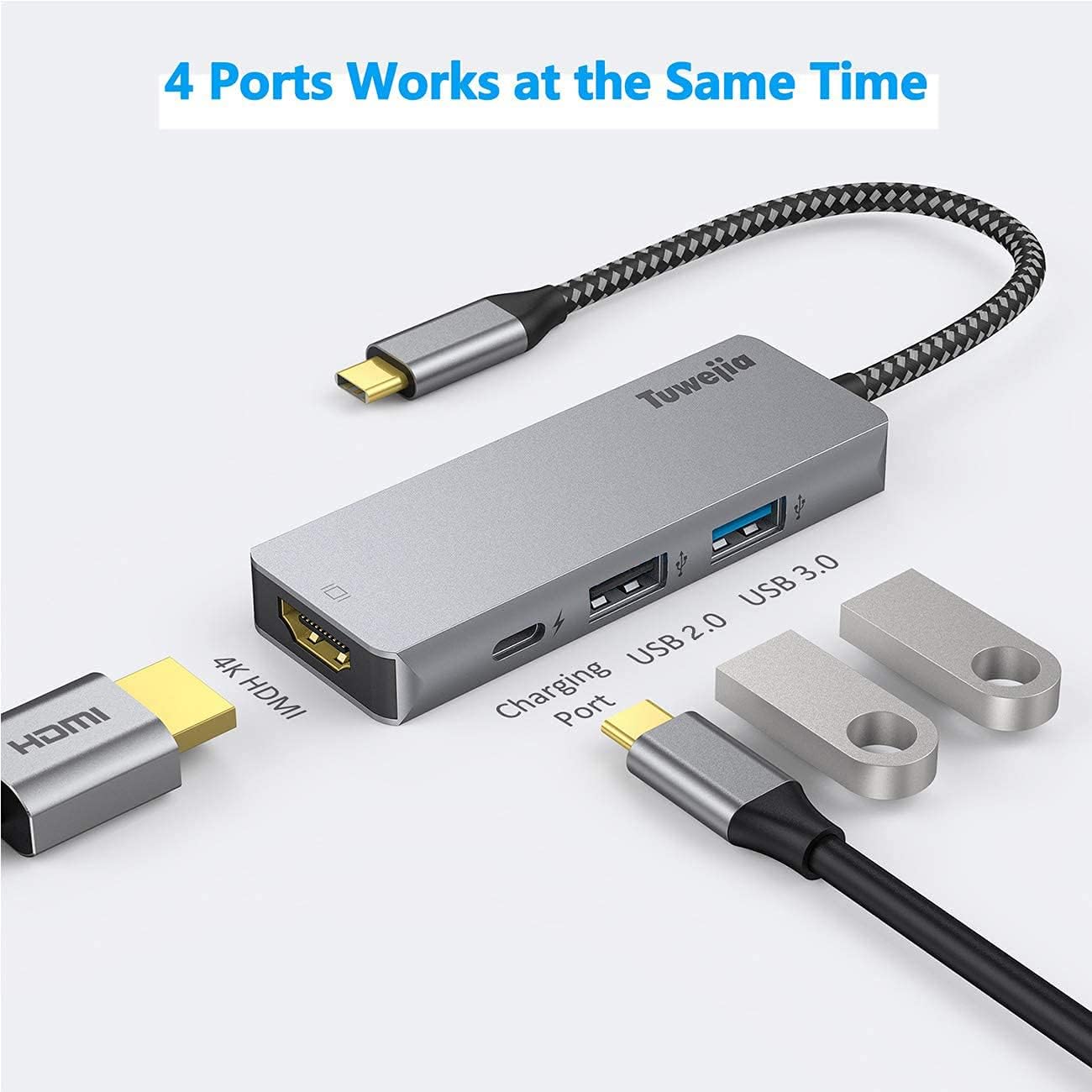 USB C Hub Adapter Tuwejia Type C 4in1 Hub HDMI Adapter 4K HDMI Multiport Connector 100W PD Charger 2 USB 3.0 Hub HDMI Video Output Compatible with MacBook Pro 2020/2019/2018 iMac XPS Nintendo Switch