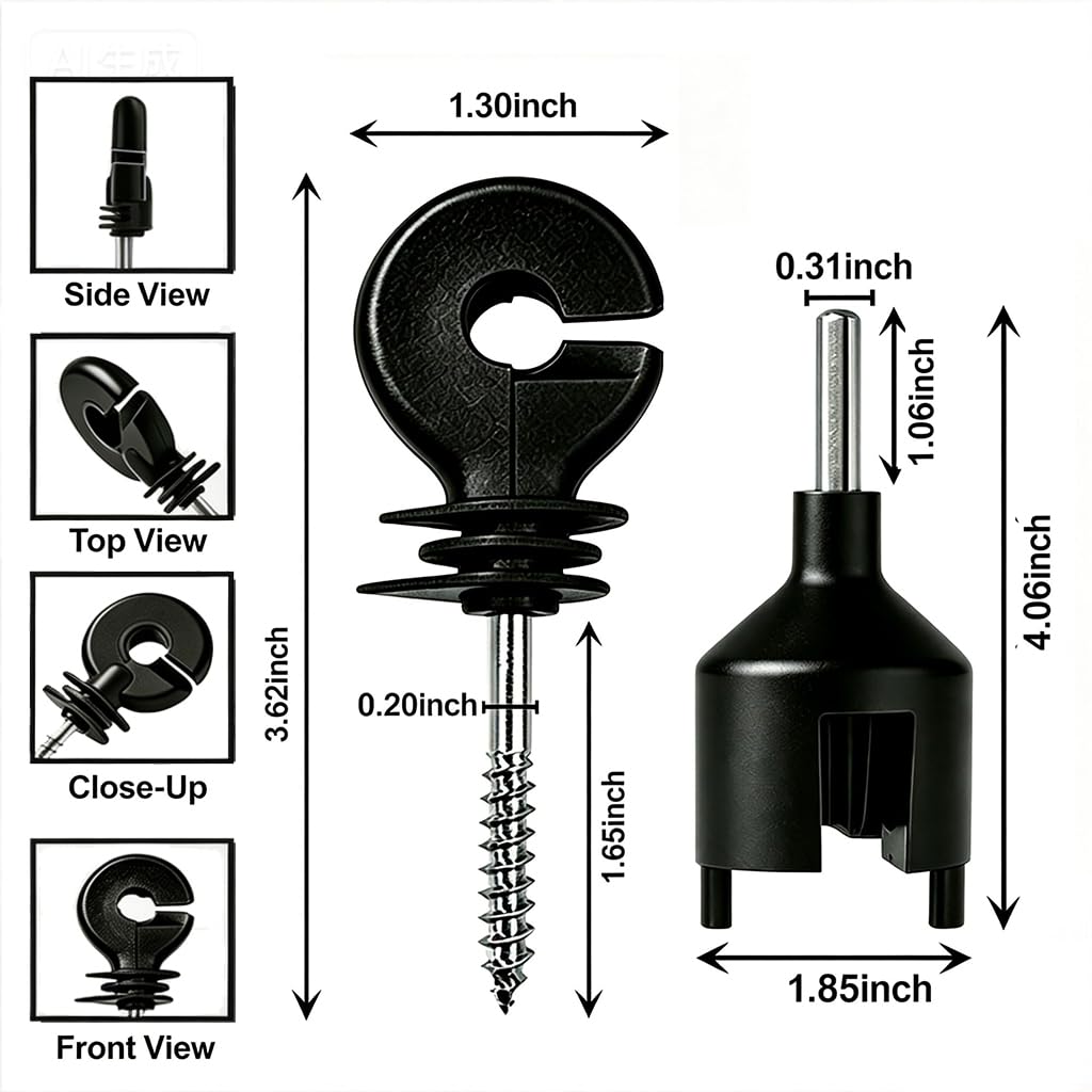 Aislador eléctrico de valla 80 piezas de tornillo con 1 herramienta de enchufe aislante, negro, PP/PE atornillado para poste de madera, se adapta a alambre de alta resistencia de calibre 8-30