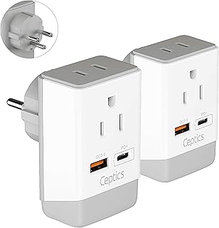 Ceptics Israel Travel Adapter 2 Pack Set, QC 3.0 & PD, Safe Dual USB & USB-C - 2 USA Socket Compact & Powerful - Use in Palestine, Gaza Strip - Type H - AP-14 - Fast Charging (AP-14-2PK)