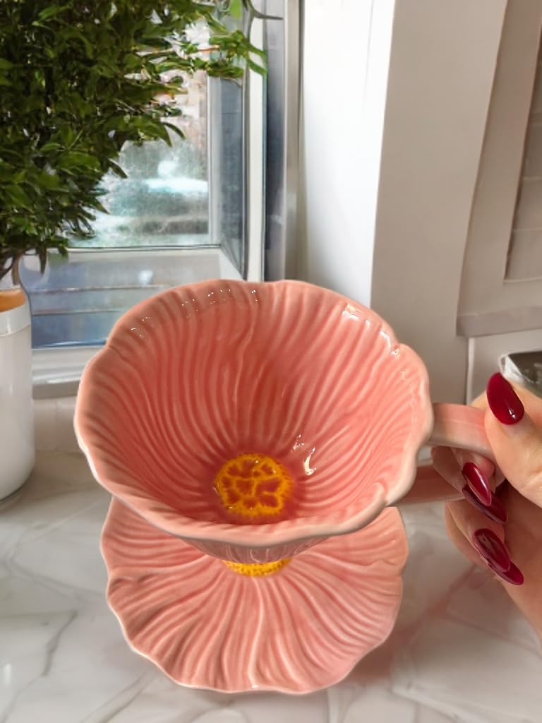 Pink Flower Mug – Ceramic Coffee Mug/Cup and Saucer Set, Pink Floral Design, 300mL/10oz, irregular Shape, Mircowave Safe, Afternoon Tea/Coffee Service