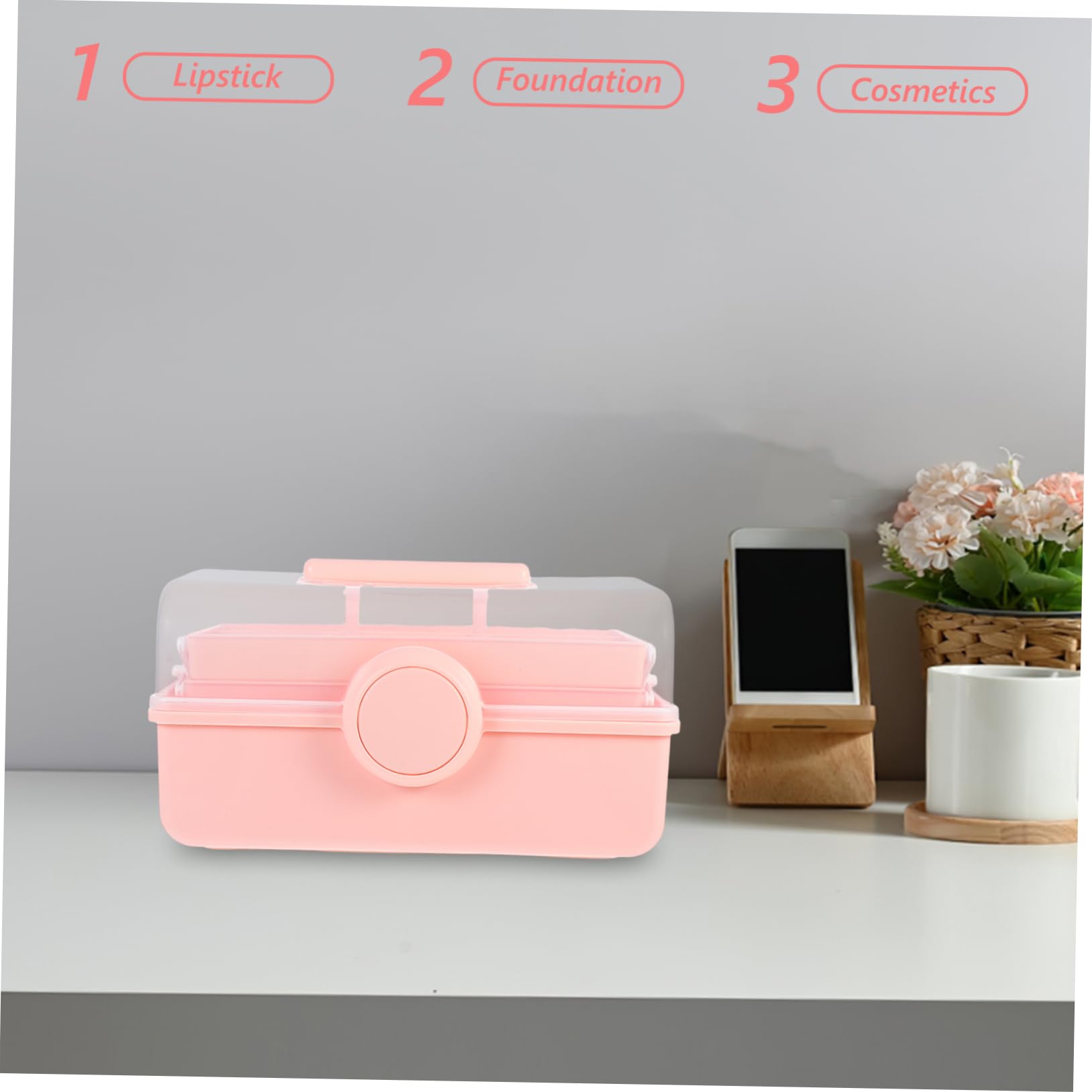 Scatola Organizer Cosmetici da Tavolo Rosa, Grande Capacità