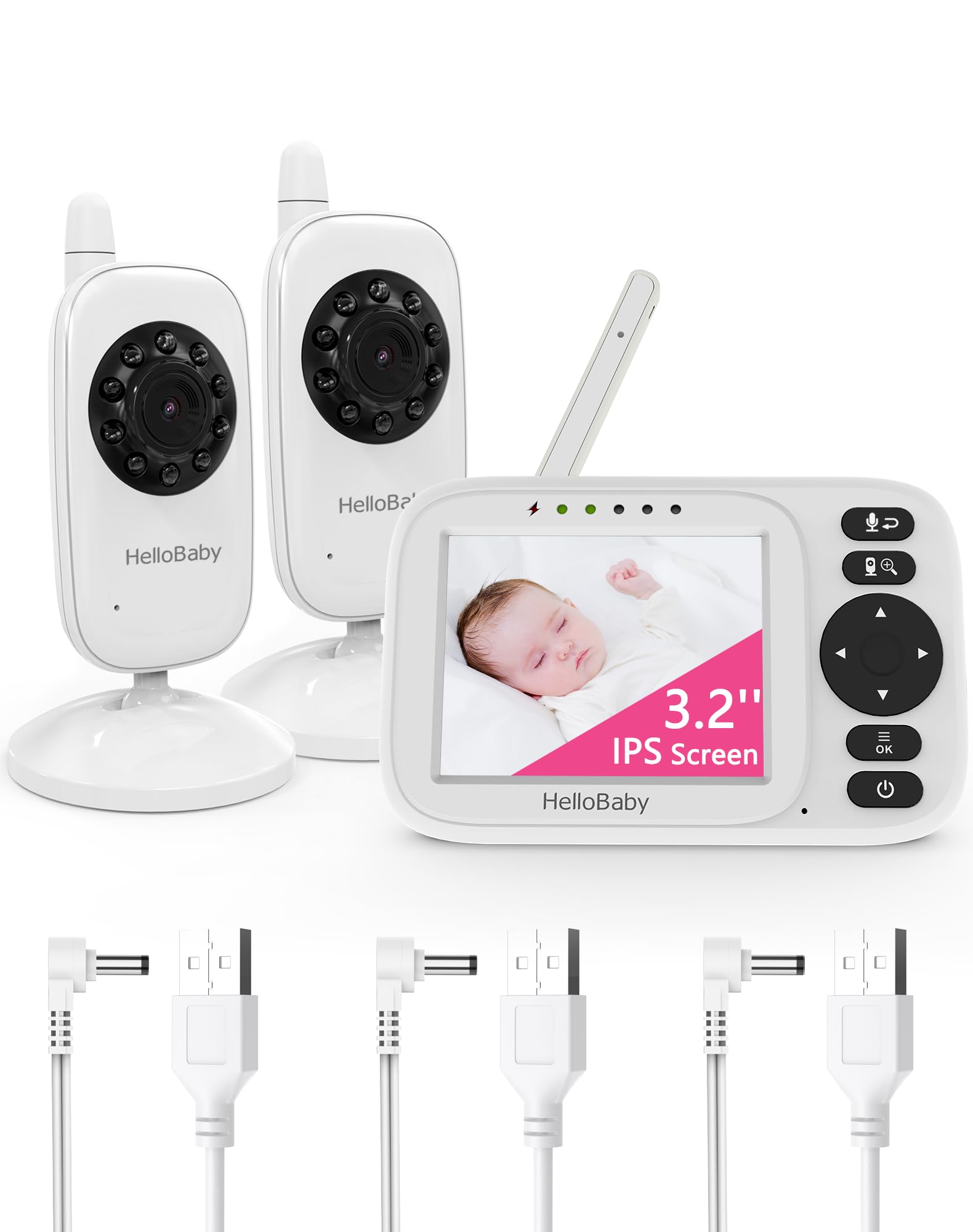 HelloBaby Babyphone mit 2 Kameras, 3,2 Zoll Bildschirm, Nachtsicht, Zwei-Wege-Talk, VOX/ECO-Audio-Modus, Keine WLAN-Temperaturüberwachung, 8 Schlaflieder, 304,8 m Reichweite, USB-Ladekabel (HB2438-2