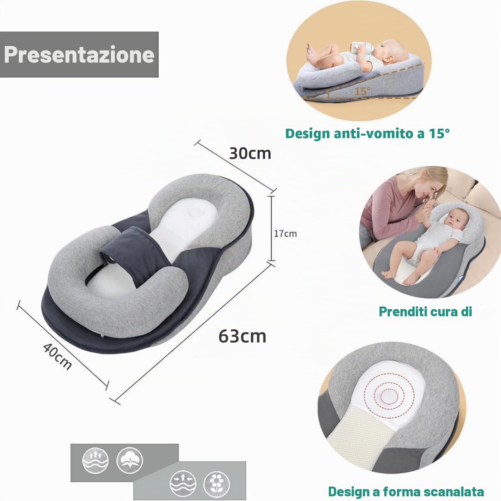 Cuscino Anti-reflusso per Neonati - [inclinazione di 15°] Lettino per Neonati con Cintura di Sicurezza, per Bambini da 0 a 12 Mesi, Ideale Anche Come Culla da Viaggio e Nido per la Nanna.