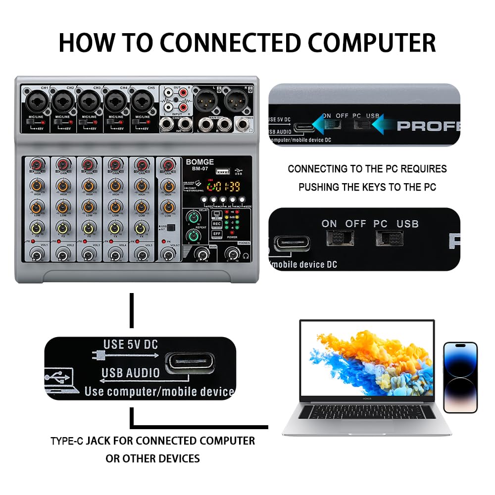 BOMGE - Console di Mixaggio Audio, Mixer Sound Board con 7 Canali Digitali USB Bluetooth, Effetto Echo Ritardo, Alimentazione Phantom 48 V, Mixer DJ Stereo per Registrazione, Live Streaming