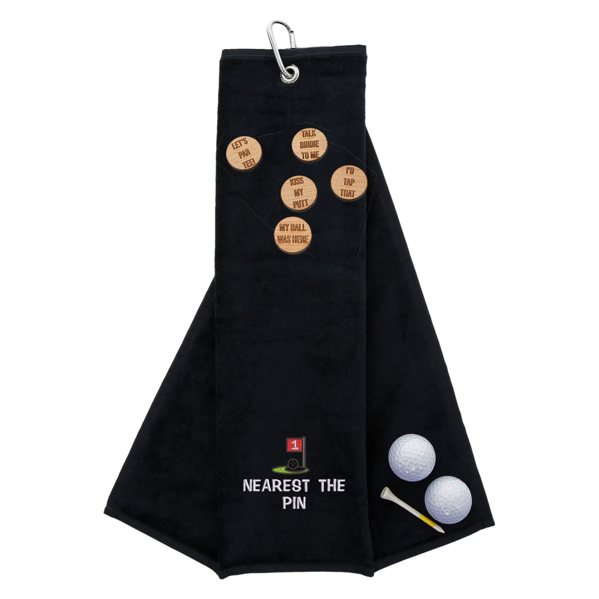 Funny Trifold Golf Towel and Comedy Wooden Ball Marker Set Gift for Men, Carabiner Clip for Golf Bags, Nearest The Pin, Black