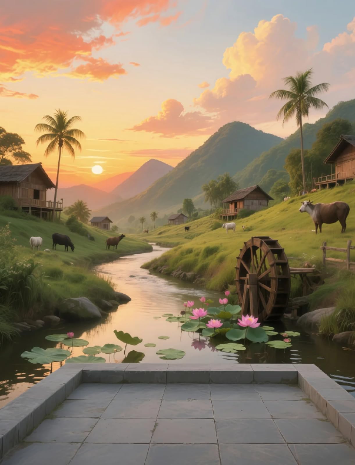 Stithej Pre-Printed Cross Stitch Kit Sunset Farm View 11CT for Beginners