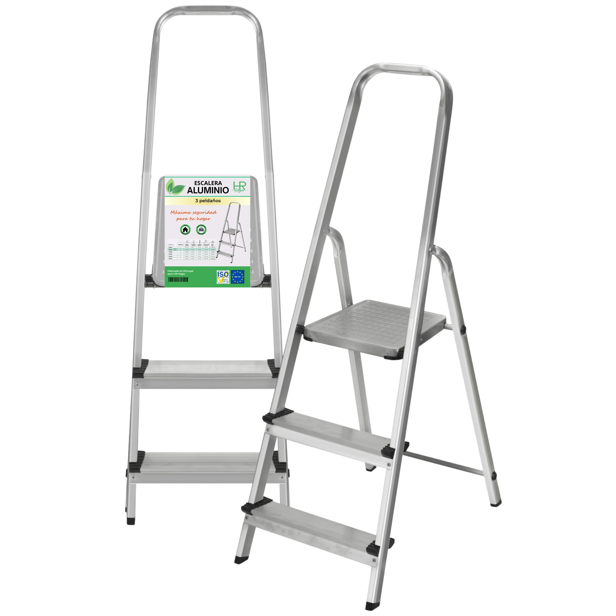 Escalera Plegable 3 Peldaños de Aluminio Homologada - Fabricada en Europa - Antideslizante, Resistente y Segura - Carga máx. 150 kg, Altura útil: 61 cm