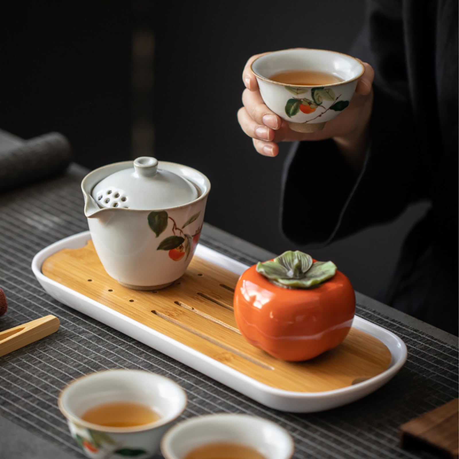 Zintegrowany na zewnątrz jeden garnek i dwie filiżanki domowy świeży zestaw do herbaty Kung Fu - Persimmon