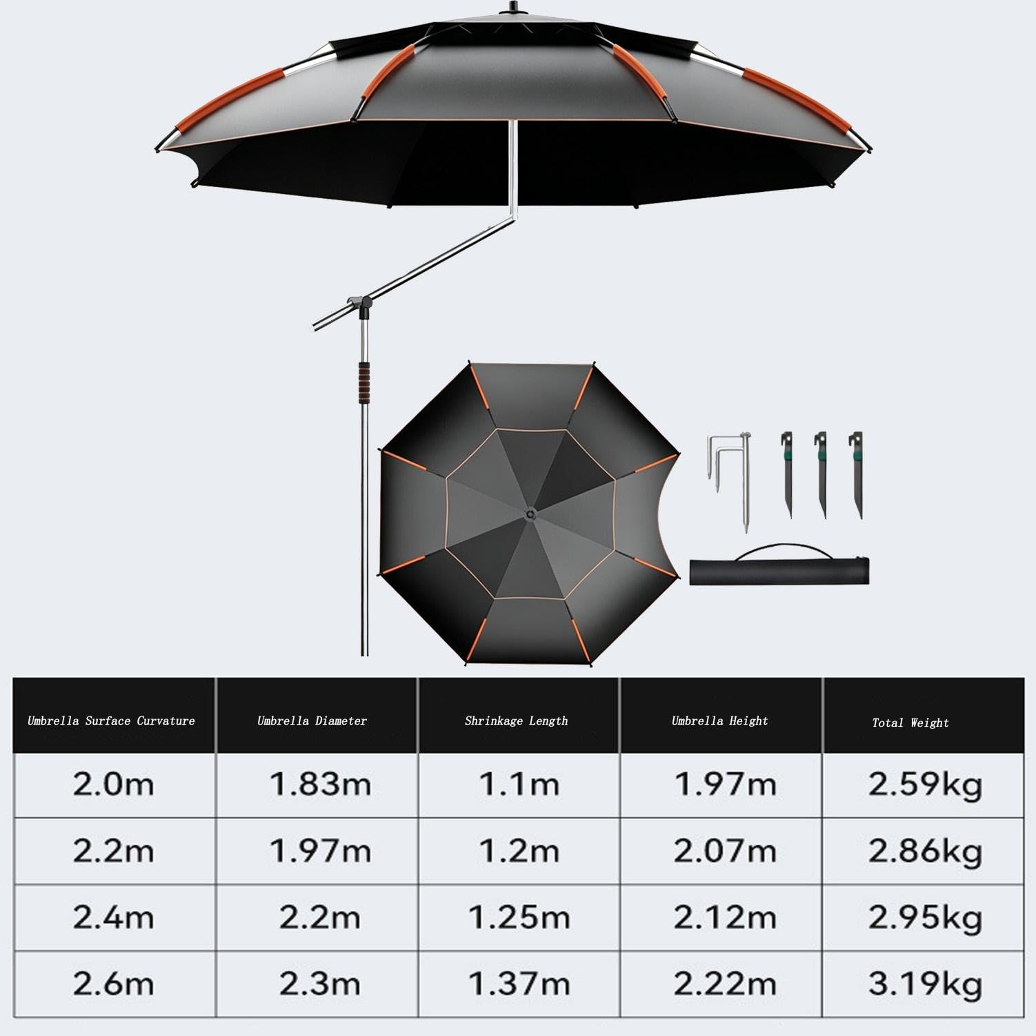 Ombrelli 260/240/220cm grandi, Ombrelli Pesca Antivento UV Protezione 50+, Ombrelli con punta inclinata, Ombrelli Viaggi/Campeggio/Escursioni, sky blue-2.6m