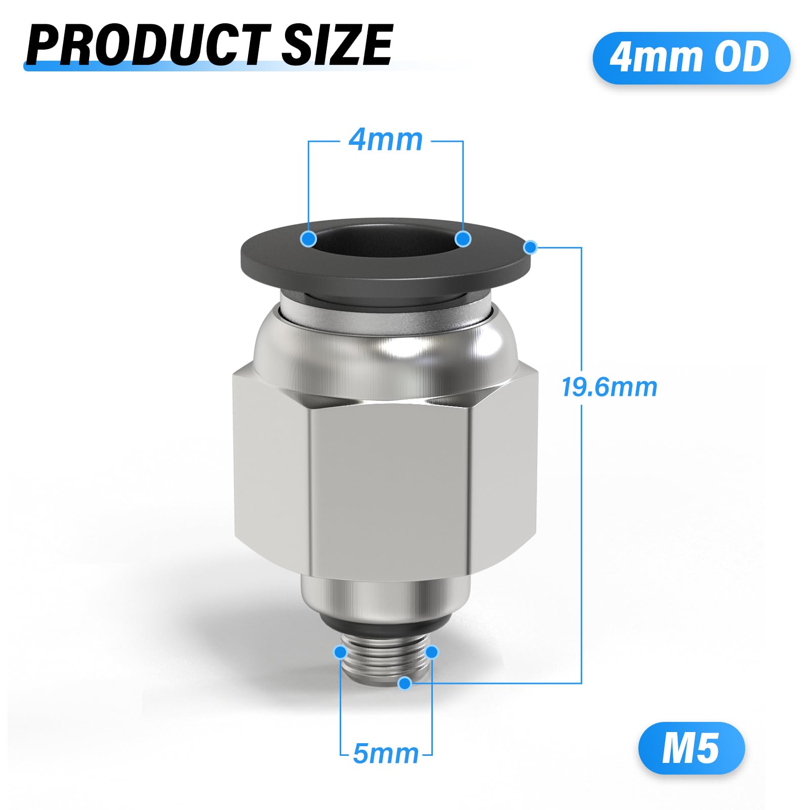 TAILONZ PNEUMATIC Male Straight 4mm Tube OD x M5 Thread Push to Connect Fittings PC4-M5(Pack of 10), Black, 4mm OD x x M5 (PC) - Image 2