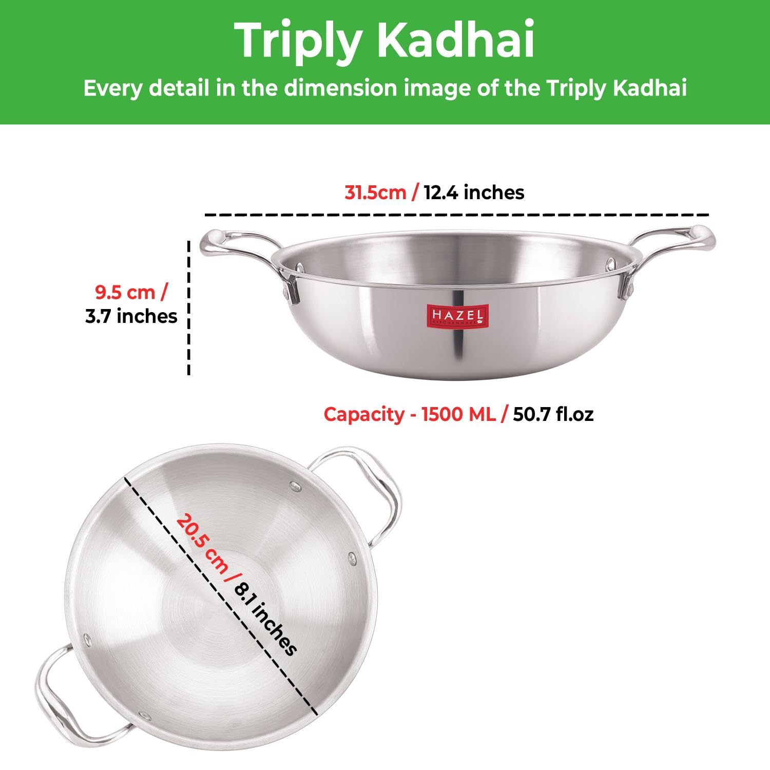 HAZEL Triply Stainless Steel Induction Bottom Kadhai, 1.5 Litre, 20.5 cm - Image 3 thumbnail