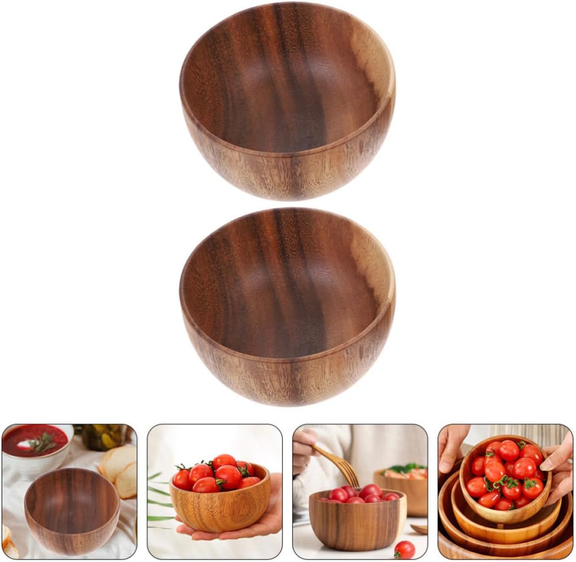 2pcs Japanese Style Wooden Bowl Set for Rice, Noodles, Fruit, Salad