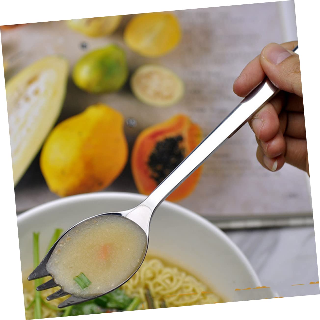 HOLIDYOYO 6pcs Stainless Steel Handle Salad Serving Spoons and Heavy Duty Spork Kitchen Utensils for Salad Dessert and Soup Dishwasher and Easy to Clean