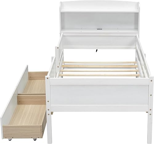 Miniatura 53 de Cama de plataforma de tamaño individual con cabecera de almacenamiento y luz LED integrada, base de cama de plataforma de madera con barandilla de