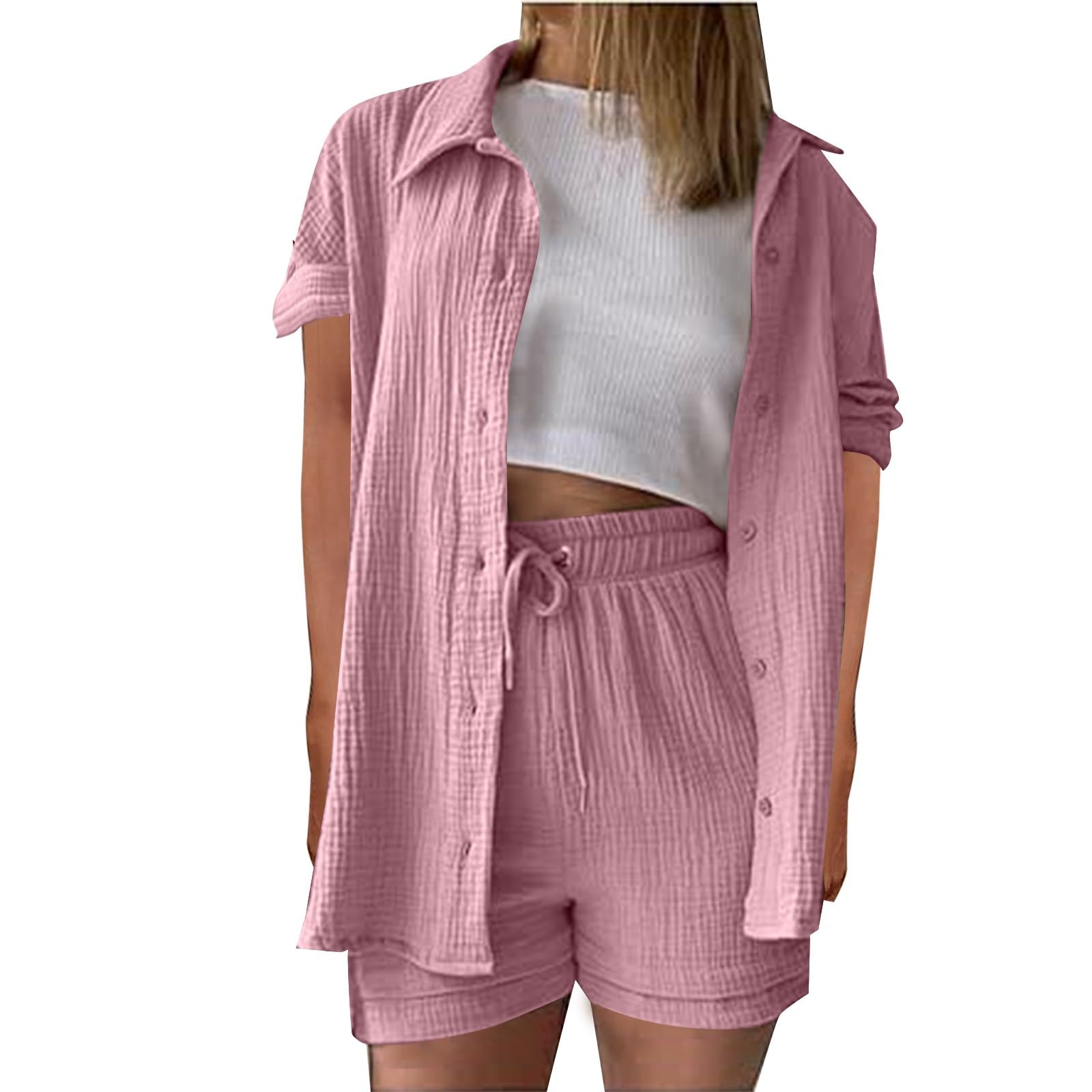Femme Ensemble Chic et Elegant Chemise Manches Courts et Shorts 2 Pièces Survêtement Femme Tenues élégante Décontracté en Gaze de Coton Lin Ensemble été 2 pièces Loungewear