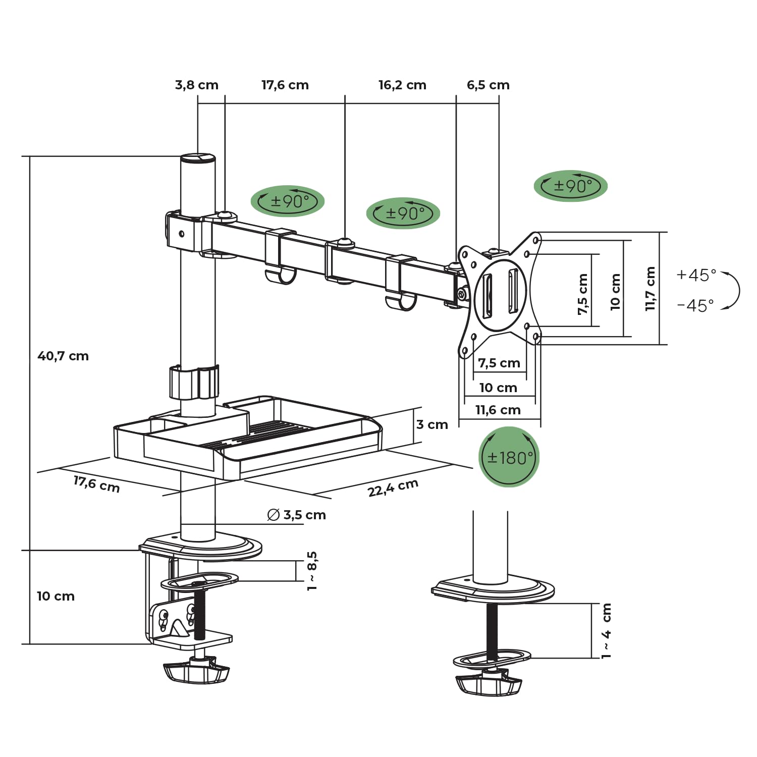 AD ADVANCE - XTENDMOUNTS Single, Supporto Monitor PC da 17 a 32 pollici, Compatibile VESA 75x75 e 100x100, Altezza e Inclinazione Regolabili, Porta Tablet e Smartphone Incluso