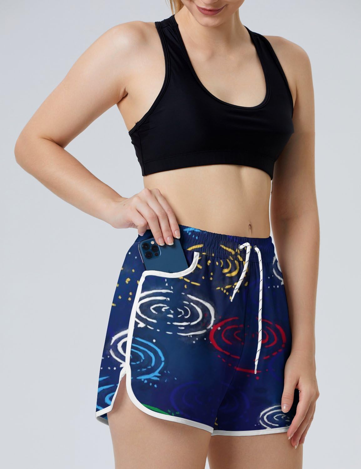 AYUNIX Women's Running Shorts with Pockets Quick Dry Performance Shorts for Women Rain Falling Athletic Workout Gym Shorts White, Medium