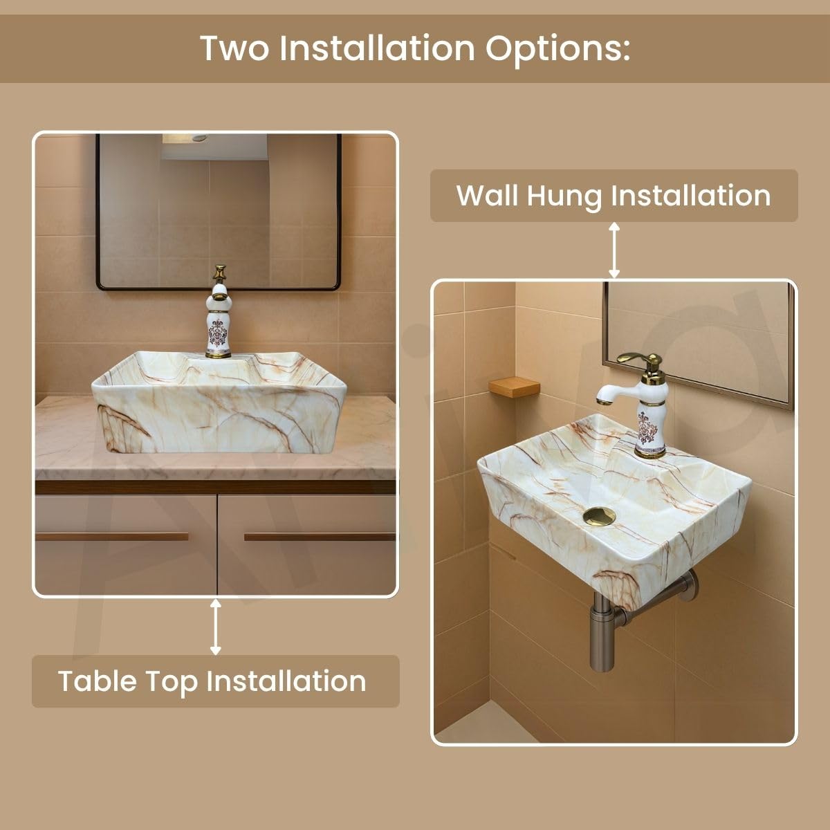 Artiva Marbo Beige Ceramic Wash Basin - Wall Mount Sink -2