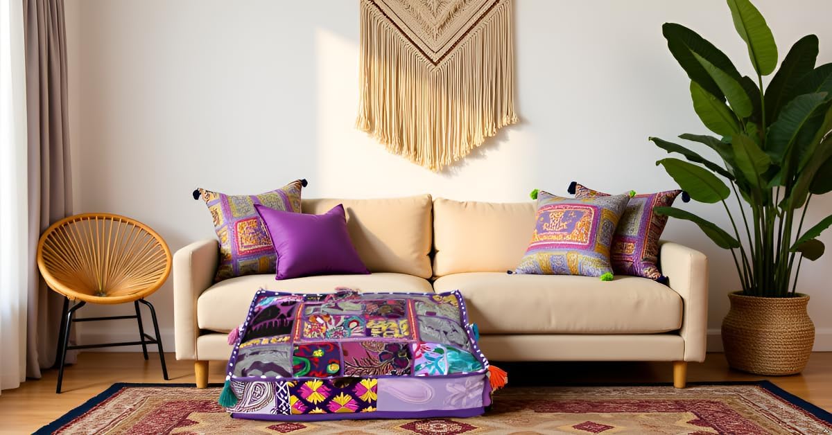 CRAFT KALA Indian Square Patchwork Traditional Pouf Cover Indian Living Room Poufs Decorative Embroidered Designer Ottoman Home Living Footstool Chair Cover Decor Pillow Cover 22x22x5 inches, Purple