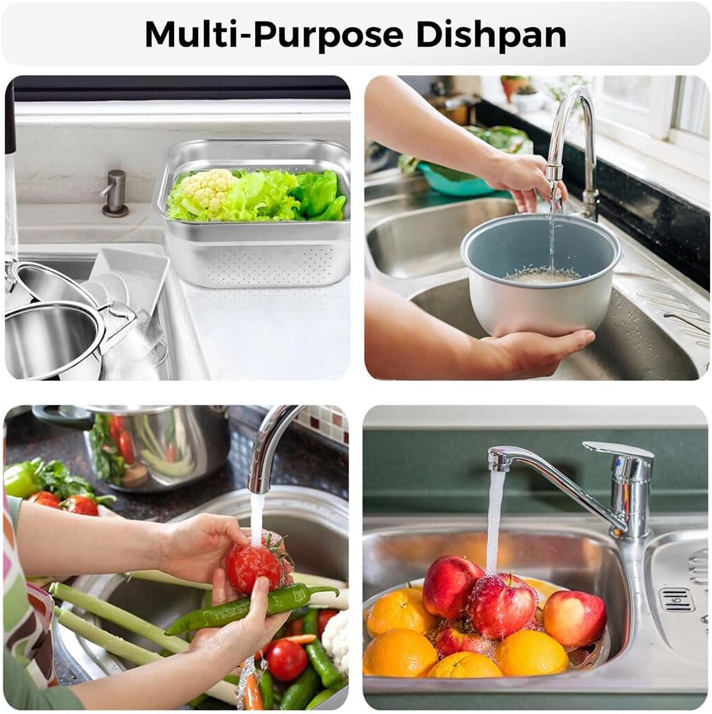 BOSREROY 39CM Stainless Steel Square Colander and Basin Set – Multi-Functional Kitchen Dish Tub for Sink, Kitchen Basket with Uniform Drainage Holes for Efficient Rinsing, for Food Prep and Storage