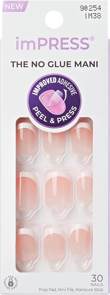 Kiss Impress No Glue Mani Press On Nails, Design, 'Chic French', White, Short Size, Squoval Shape, Includes 30 Nails, Prep Pad, 1 Manicure Stick, 1 Mini File