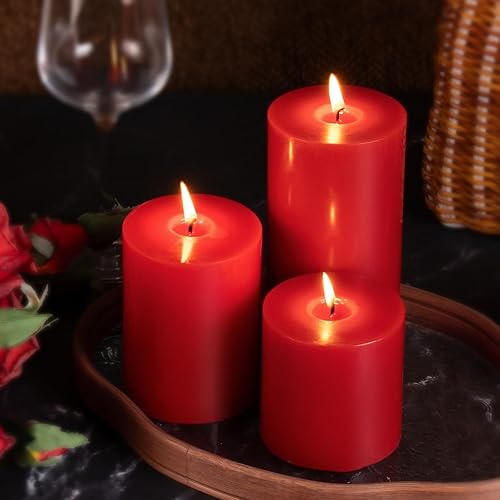 Miniatura 4 de KONNI Juego de 3 velas de pilar rojo sin perfume de 3 x 4 pulgadas, velas de 39 horas de combustión, velas redondas grandes sin humo y sin goteo