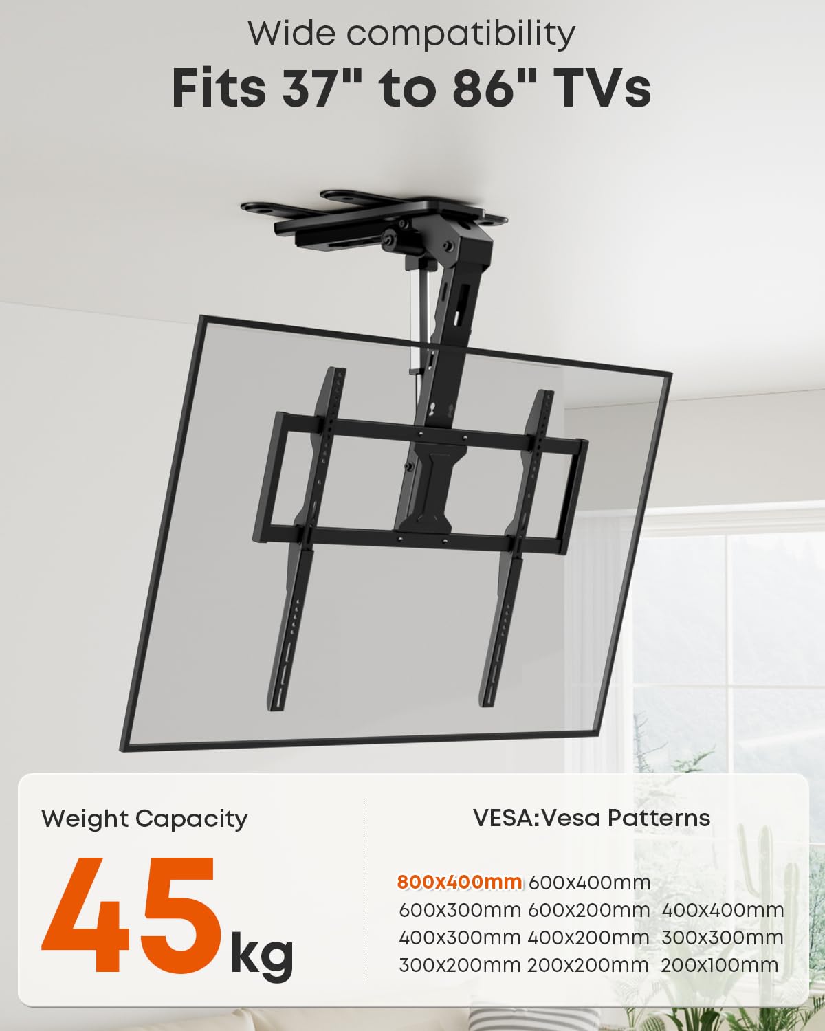 Supporto TV da Soffitto Elettrico per TV 37-86 Pollici, Staffa TV Motorizzata Pieghevole e Inclinabile con Telecomando, Portata 45 kg, Piastre di Estensione VESA, Nero