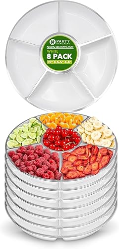 Miniatura 12 de PARTY BARGAINS Bandeja redonda de plástico de 6 secciones, 12 pulgadas, color blanco con borde plateado, paquete de 4, platos reutilizables