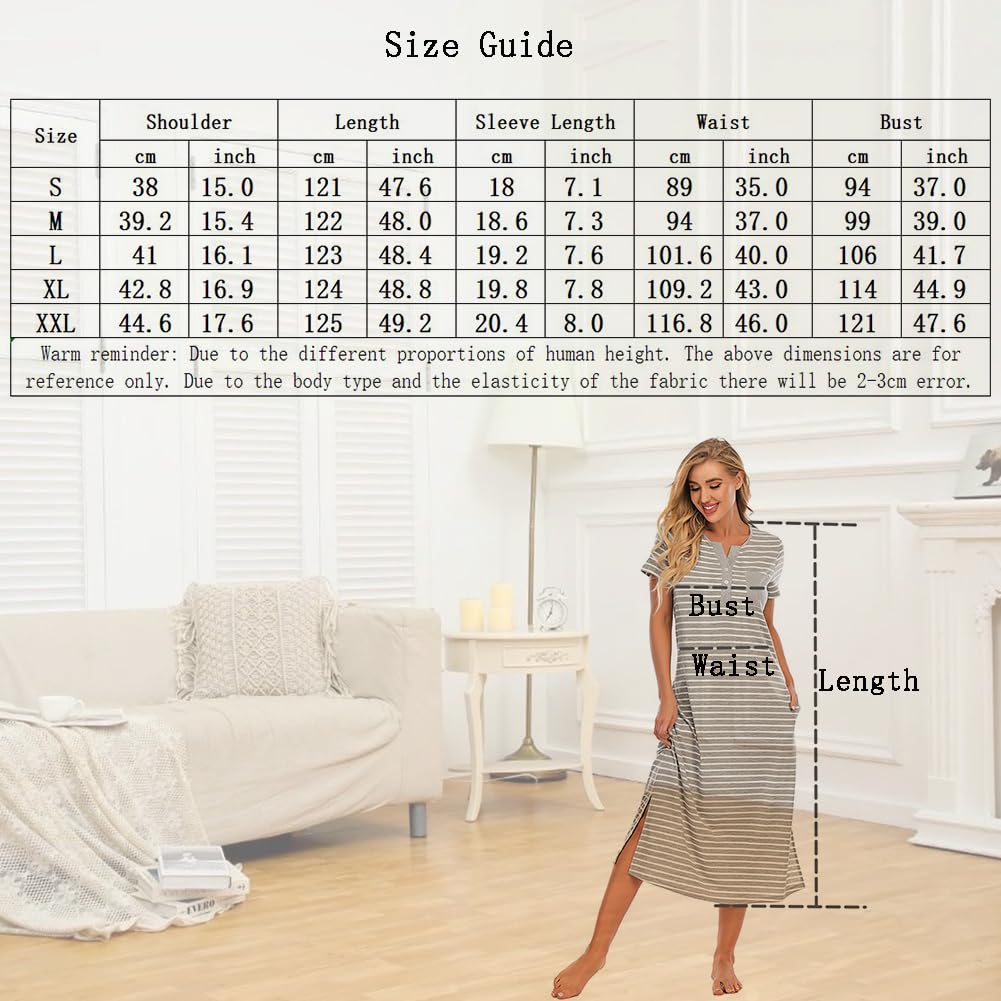 Jlowesun Chemise de Nuit à Rayures pour Femmes Robe de Nuit à Boutons Doux et à Manches Courtes avec Poches