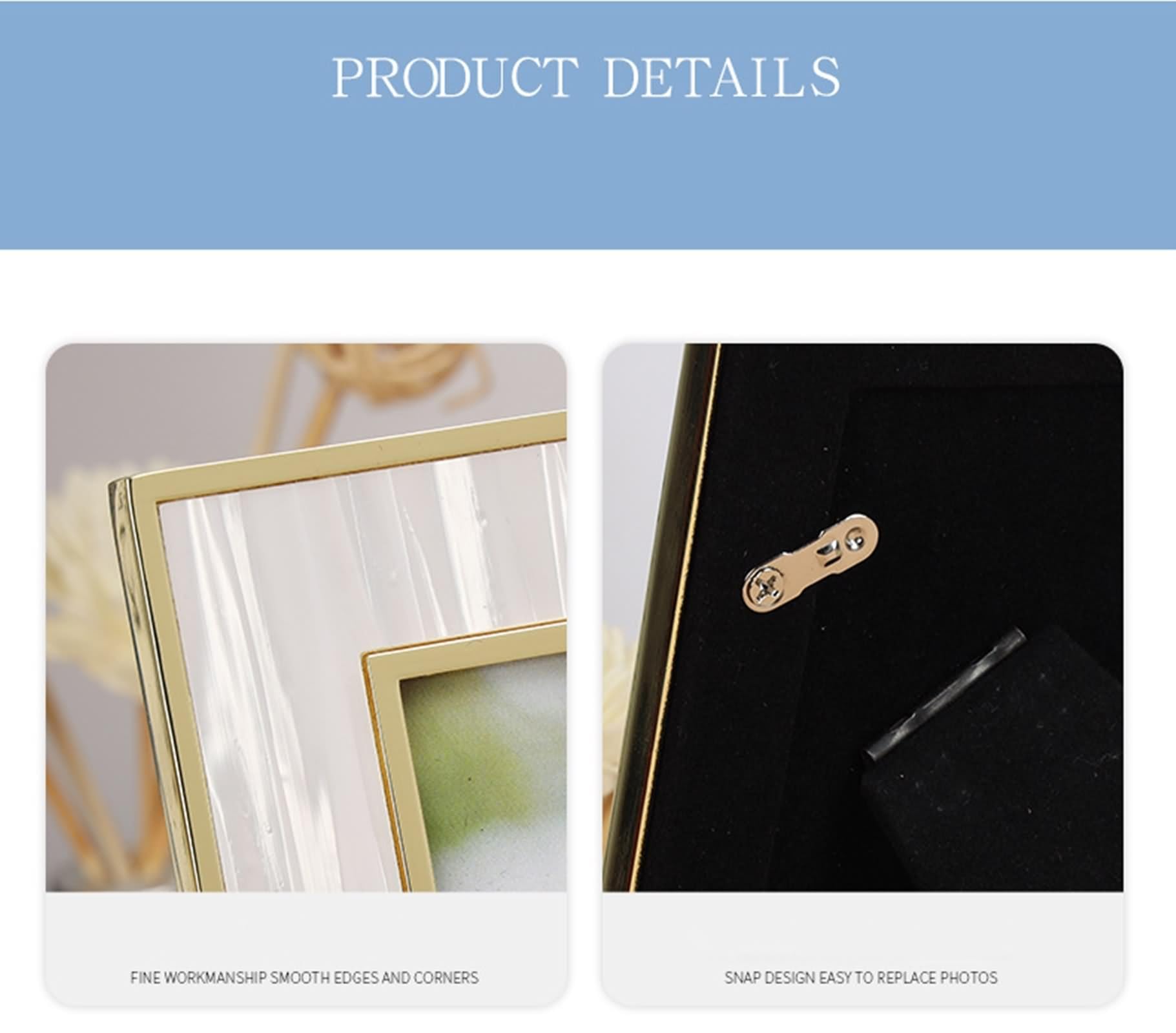 Marcos de fotos decorativos, marco de fotos de mesa de metal dorado y concha de 4 x 6 pulgadas, decoraciones para dormitorio