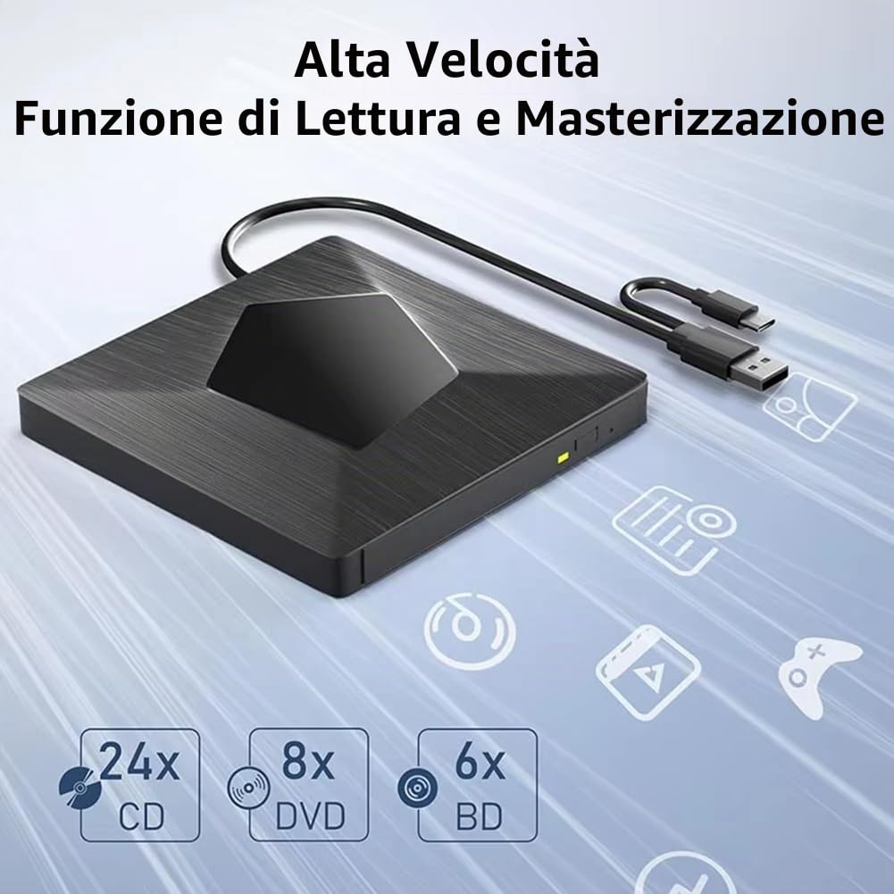 unità Esterna per Lettore di BD/CD/Dvd, Masterizzatore Bluray 3D Portatile Ottico per PC e Laptop.