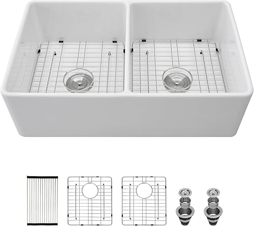 Miniatura 2 de Yurshen - Delantal de fregadero de 33 pulgadas x 20 pulgadas, color blanco, para fregadero de cocina de granja, delantal plano, reversible, arcilla