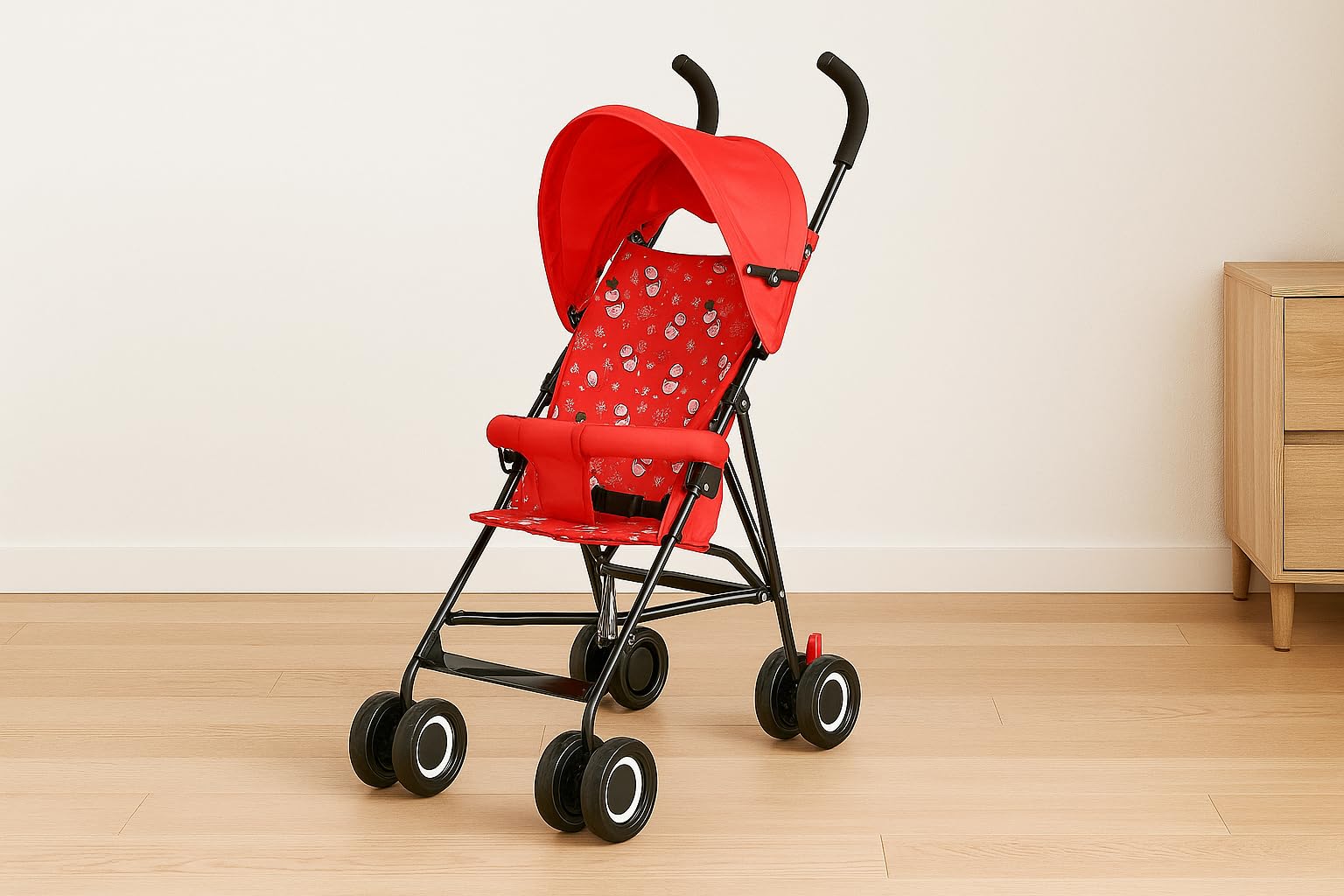 mlu lightweight foldable baby stroller with safety belt, large canopy & padded front bar | compact travel pram for 6–48 months | dual wheels, foam handles, shock-absorbing frame – red