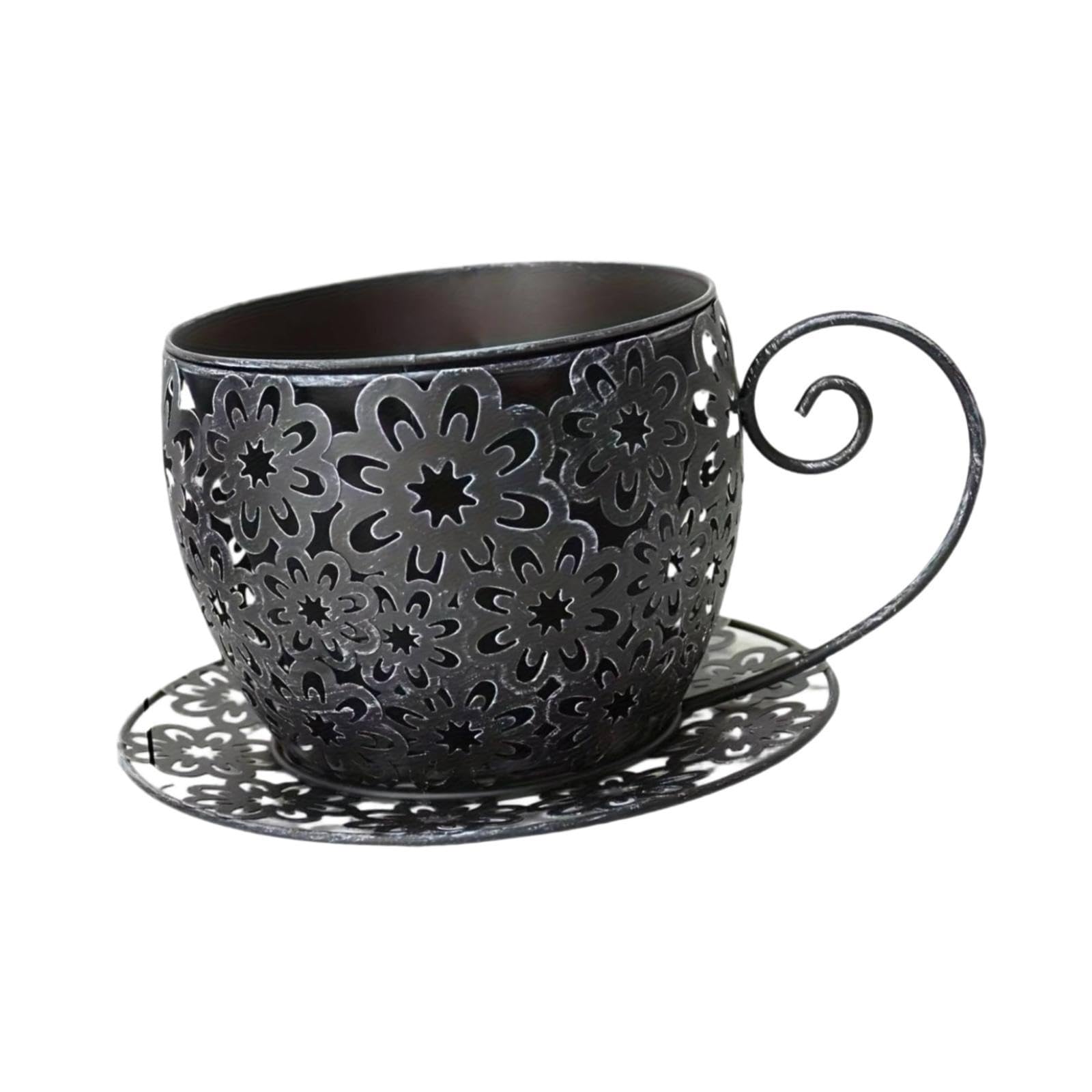 F Fityle Vaso da Fiori a Forma di Tazza da tè, Vaso Decorativo Antico in Metallo Cavo per Piante, Ideale per L'Estate, Balcone, Stile Rustico, Patio e, Nero