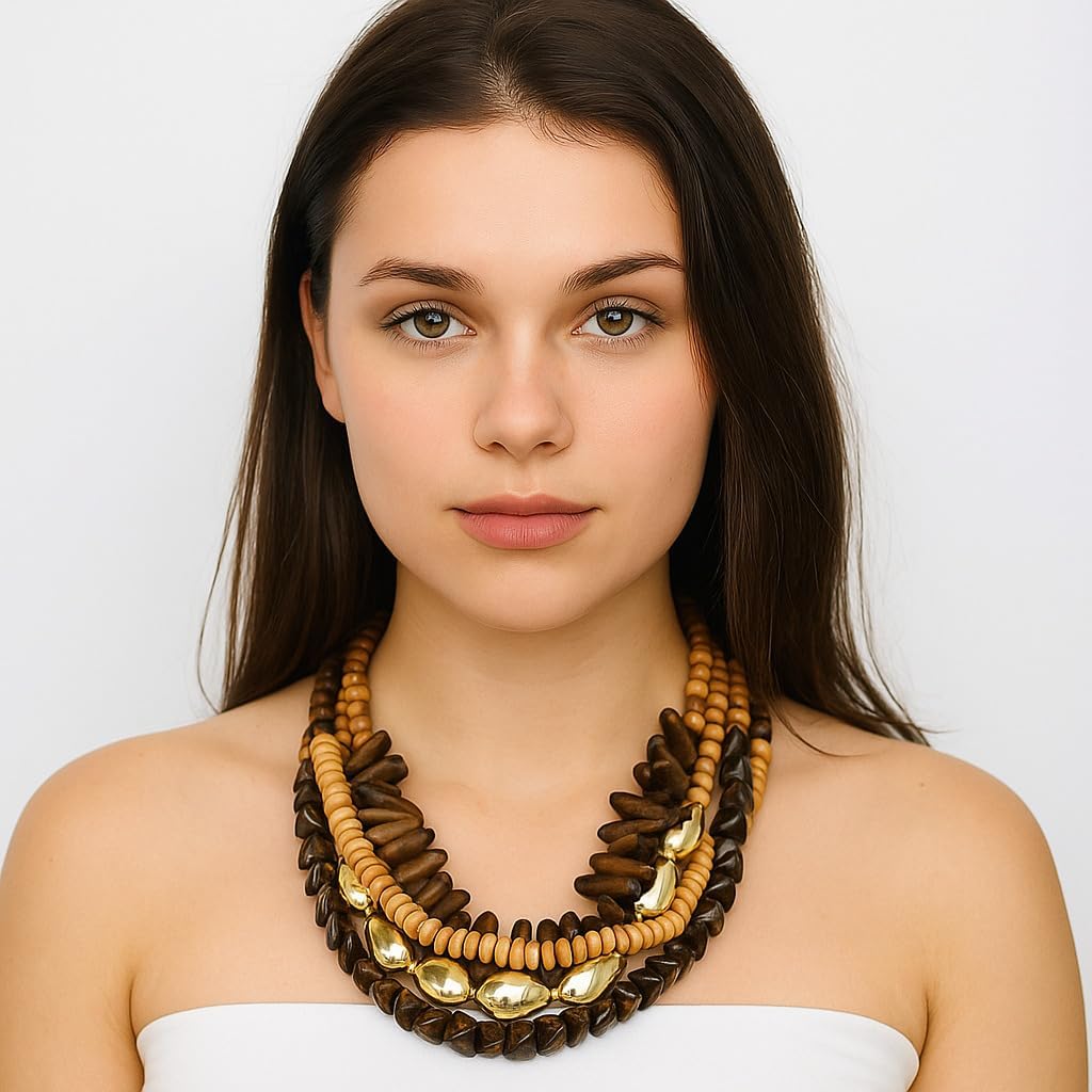 Multistrand Wooden Beaded Necklace for Women Chunky Statement Gold Color Charm Pendant Tribal Ethnic Fashion Elegant Jewelry - Image 3